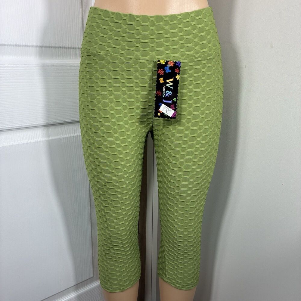 New womens leggings Olive Green honeycomb capri  Puckered/Ruched On Back
